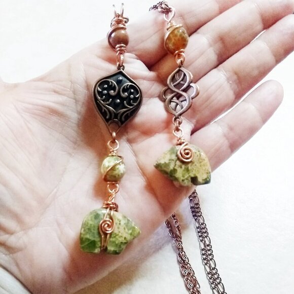 Unique Unakite Jasper Bear "Y" + Copper Necklace! 4 Wire Wrapped Beaded Sections - Picture 13 of 14